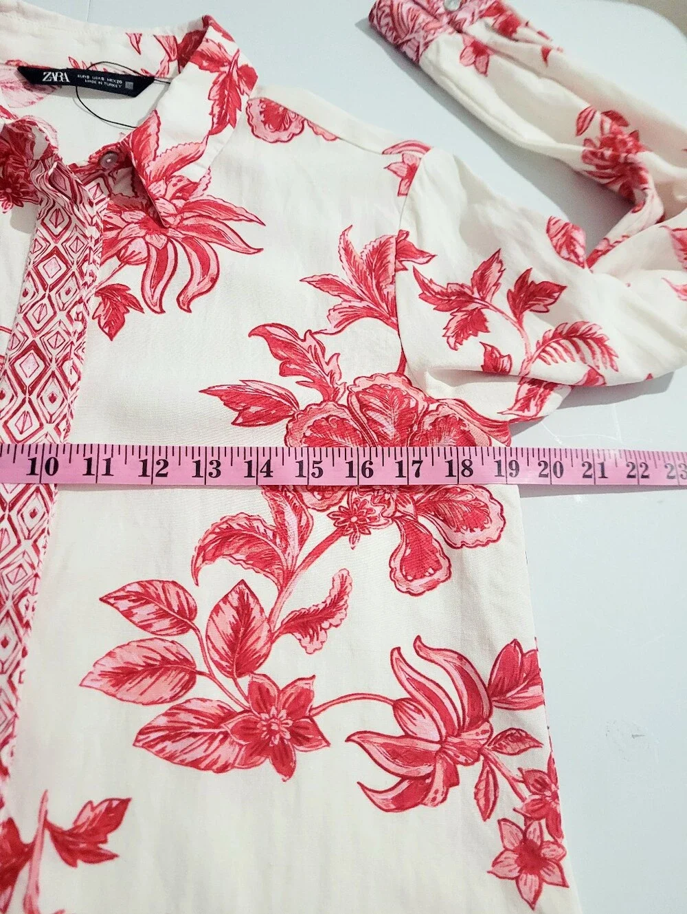 NWOT Zara Floral Linen Blend Button Front Blouse Women's Small Red White Boho - Picture 9 of 12
